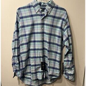 New Mens Medium- Polo Ralph Lauren Blue Plaid Long Sleeve Button Up Dress Shirt